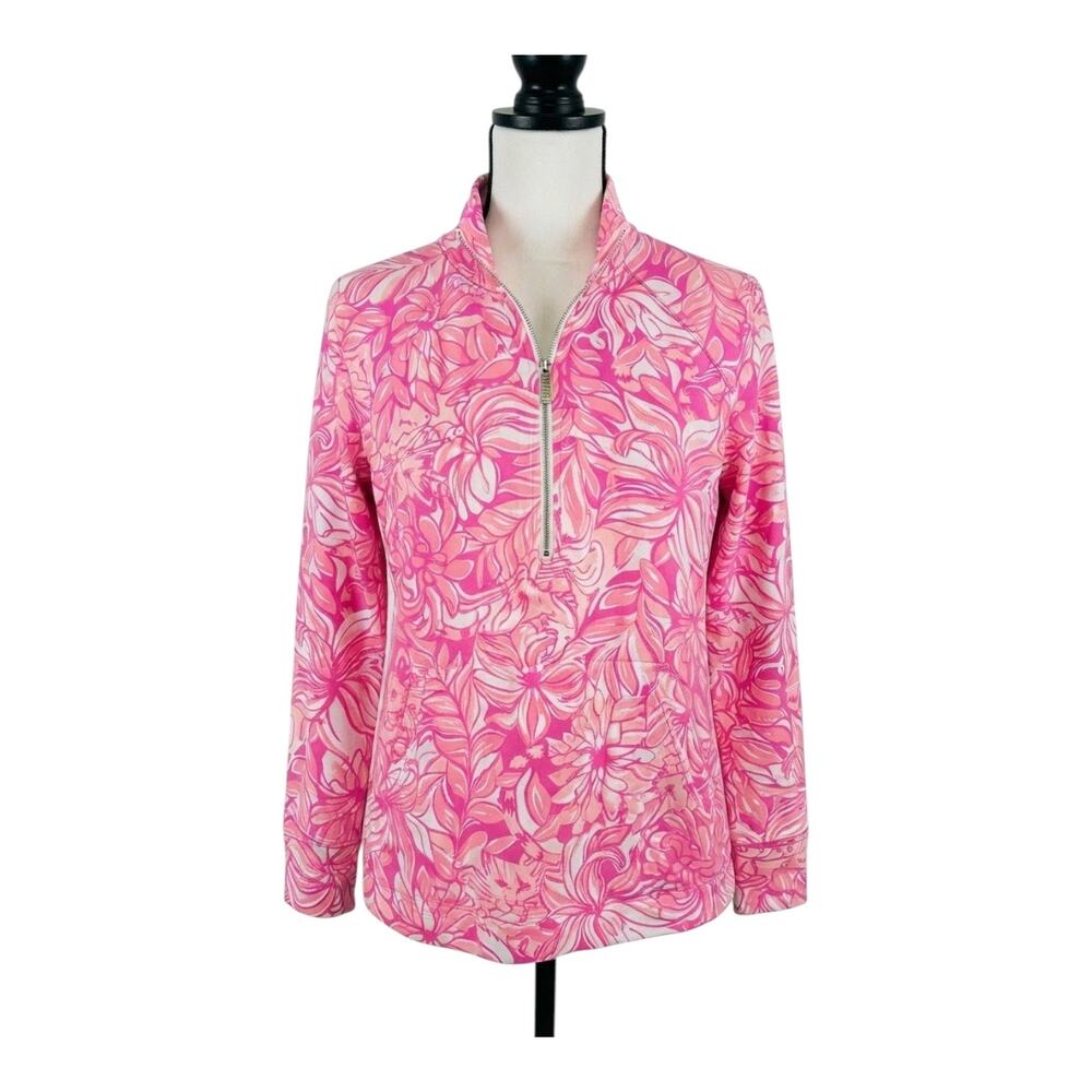 Lilly Pulitzer Skipper Popover Half Zip L Pink Floral Gold Bamboo Zip